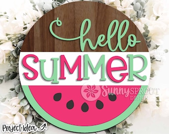 Hello Summer Watermelon Sign, Digital download, Round door hanger svg, Glowforge laser file, Cricut cut file, Summer welcome sign svg