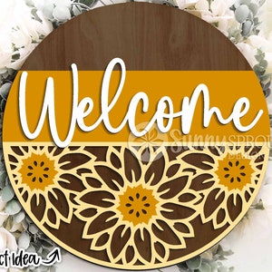 Signe tournesol de bienvenue, accroche-porte rond svg, fichier découpé au laser Glowforge, Cricut, panneau de bienvenue floral, décoration de porte printemps été automne