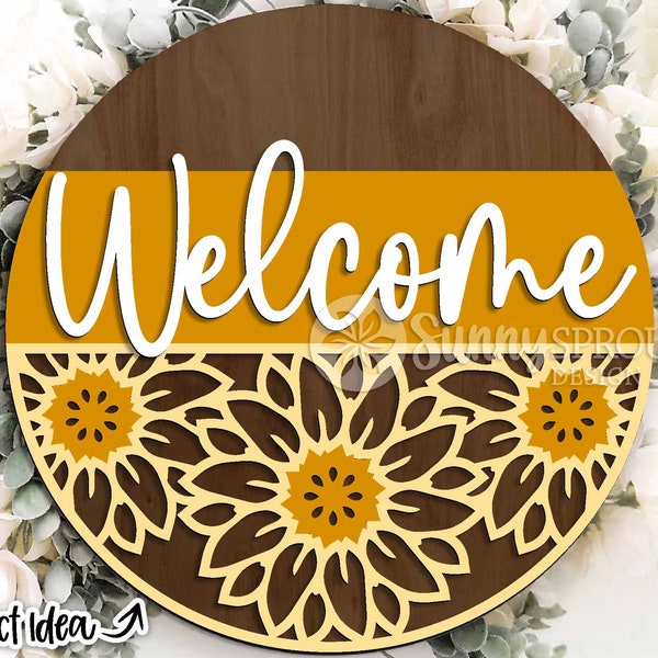 Welcome Sunflower Sign, Round door hanger svg, Glowforge laser cut file, Cricut, Floral welcome sign, Spring Summer Fall door decor