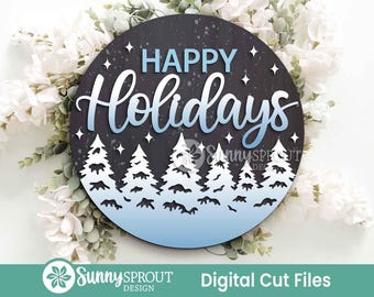 Happy Holidays Snowy Pine Trees Sign, Digital Download, SVG Laser Cut File, Cricut, Round Door Hanger Design, Christmas Decor