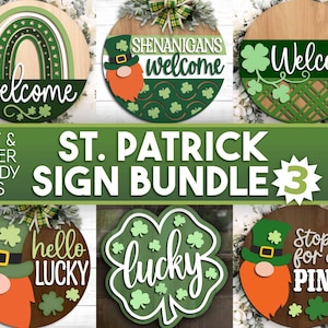 Paquete de 3 letreros láser para el Día de San Patricio, descarga digital, colgador de puerta redondo SVG, archivo láser Glowforge, Cricut, letrero de bienvenida con trébol