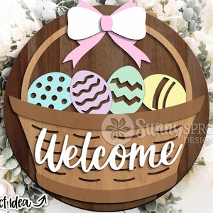 Cartello di benvenuto per cestino di Pasqua, download digitale, appendino rotondo per porta in formato svg, file di taglio laser Glowforge, file Cricut, benvenuto con uovo di Pasqua, primavera in formato svg