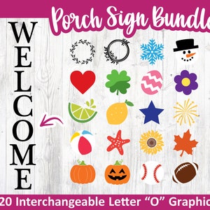 Signe de bienvenue de porche avec des graphiques de la lettre « O », téléchargement numérique, fichier de coupe Cricut svg, fichier vinyle, conception de panneau vertical de porte, interchangeable