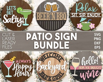 Summer Patio Laser Sign Bundle, Round door hanger svg, Glowforge laser file, Cricut cut file, Front door welcome sign
