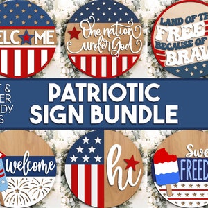 Bundle patriotique d'enseignes laser, téléchargement numérique, svg d'accroche-porte rond, fichier laser Glowforge, Cricut, svg de la fête de l'indépendance, décoration du 4 juillet