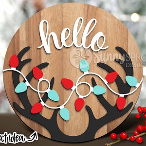 Hello Reindeer Lights Sign, DIGITALER Download, runder Türschild svg, Glowforge Laser cut-Datei, Cricut, Silhouette, Winter, Weihnachtsdekor