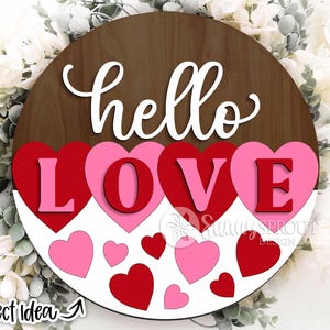 Bonjour amour coeurs signe, téléchargement numérique, accroche-porte rond svg, fichier laser Glowforge, fichier de coupe Cricut, panneau de bienvenue de la Saint-Valentin