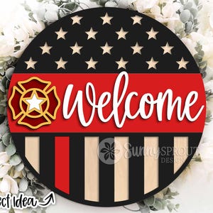 Welkomstbord brandweerman Amerikaanse vlag, digitale download, ronde deurhanger svg, Glowforge lasergesneden bestand, Cricut, dunne rode lijn svg