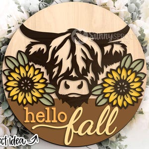 Bonjour automne vache Highland vache tournesol, téléchargement numérique, accroche-porte rond svg, fichier laser Glowforge, Cricut, décor de ferme, svg floral automne