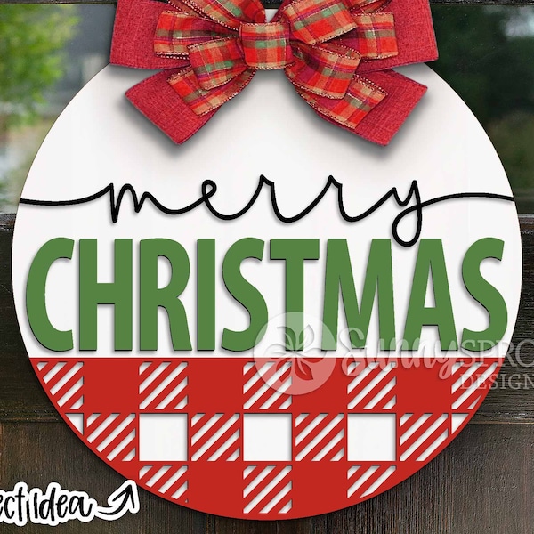 Merry Christmas Plaid Sign, DIGITAL download, Round door hanger svg, Glowforge laser cut file, Cricut, Silhouette, Christmas buffalo check