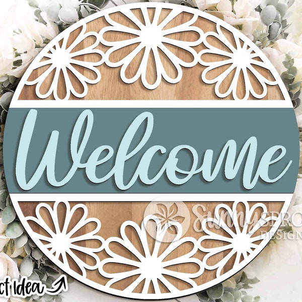 Welcome Daisy Sign, Digital download, Round door hanger svg, Glowforge laser file, Cricut cut file, Spring decor, Summer, Floral door sign