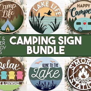 Paquete de letreros láser para camping, descarga digital, colgador de puerta redondo SVG, archivo láser Glowforge, Cricut, letrero de bienvenida para puerta de entrada, decoración de verano SVG