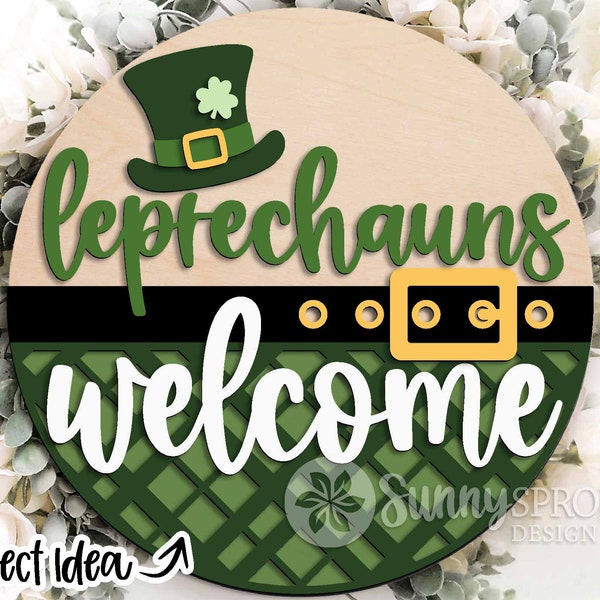Leprechauns Welcome SVG, Digital download, Round door hanger svg, Glowforge laser cut file, Cricut, Silhouette png, St. Patrick welcome sign