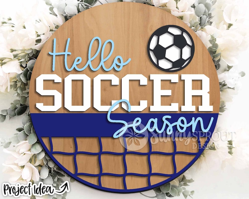 Hello Football Soccer Season Sign, Digital Download, SVG Laser Cut File, Cricut, Round Door Hanger Wall Art Design, Sports Decor image 1