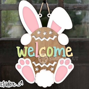 Panneau de bienvenue oeuf et lapin de Pâques, téléchargement numérique, accroche-porte rond svg, fichier laser Glowforge, Cricut, fichier découpé au laser de Pâques, décoration de printemps