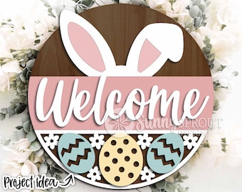 Welcome Bunny Ears Egg Pattern Sign, Digital download, SVG Laser cut file, Cricut, Round door hanger design, Easter decor