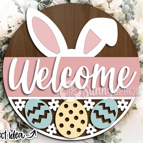 Welcome Bunny Ears Egg Pattern Sign, Digital download, Round door hanger svg, Glowforge laser file, Cricut, Easter bunny sign, Spring decor