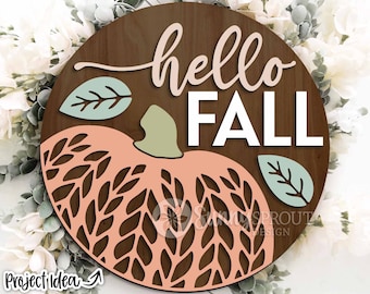 Hello Fall Sweater Pumpkin Leaf Sign, Digital Download, SVG Laser Cut File, Cricut, Round Fall Door Hanger Design
