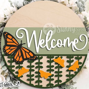 Placa de borboleta monarca de boas-vindas, Download digital, Suporte de porta redondo svg, Arquivo de corte a laser Glowforge, Cricut, Decoração de verão, Placa de primavera svg