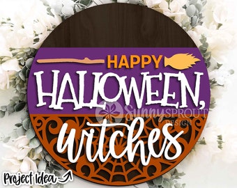 Fröhliches Halloween-Hexenschild, digitaler Download, SVG-Laserschnittdatei, Cricut, lustiges rundes Halloween-Türhänger-Design