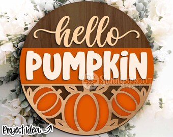 Hello Pumpkin Pattern Bottom Sign, Digital Download, SVG Laser Cut File, Cricut, Round Fall Door Hanger Design