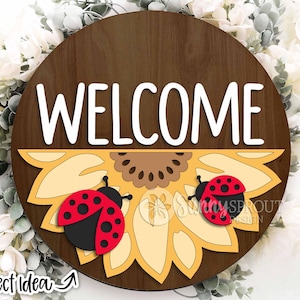 Bienvenue coccinelle tournesol signe, téléchargement numérique, accroche-porte rond svg, fichier laser Glowforge, Cricut, svg de bienvenue d'été, signe coccinelle