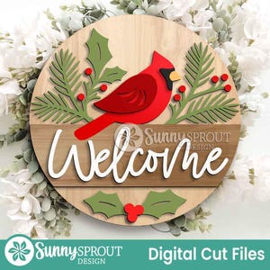 Welcome Cardinal Pine & Holly Sign, Digital Download, SVG Laser Cut File, Cricut, Round Door Hanger Design, Winter Christmas Decor