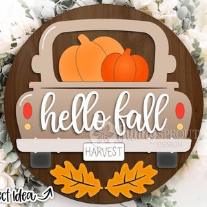 Hello Fall Pumpkin Truck Sign, Digital download, Round door hanger svg, Glowforge laser file, Cricut, Vintage old truck svg, Autumn decor