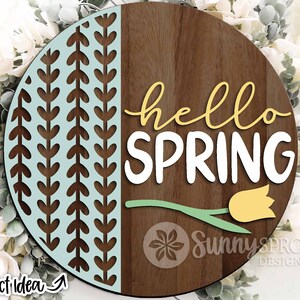 Enseigne de motif vertical Hello Spring, accroche-porte rond svg, plaque de bienvenue du printemps, fichier découpé au laser Glowforge, Cricut, fichier de décoration de fleurs de printemps