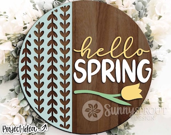 Letrero vertical con estampado de tulipanes "Hola Primavera", descarga digital, archivo SVG para corte láser, Cricut, diseño para colgar en la puerta redonda.