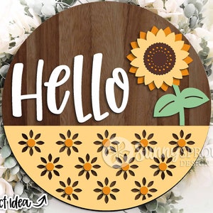 Hallo Sonnenblume Muster Zeichen, Türschild Türschild, Glowforge Laserschnitt-Datei, Cricut, Sommer Herbst Tür Dekor, Floral Willkommensschild