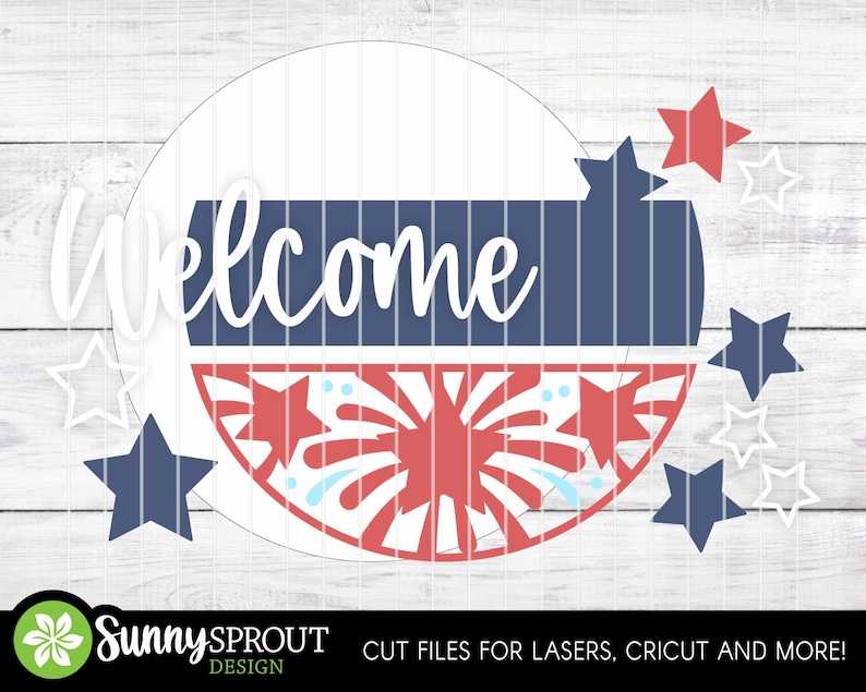 May include: A red, white, and blue welcome sign with a firework design. The sign is surrounded by stars.