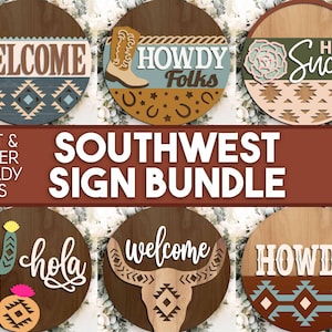 Southwestern lasertekenbundel, digitale download, ronde deurhanger svg, Glowforge laserbestand, Cricut, welkomstbord svg, Azteeks decor, cowboy