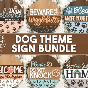 Hond lasertekenbundel, digitale download, ronde deurhanger svg, Glowforge laserbestand, Cricut gesneden bestand, welkomstbord voordeur, pootafdrukken