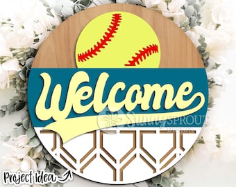 Welcome Baseball Softball Sign, Digital download, Round door hanger svg, Glowforge laser file, Baseball sign svg, Softball decor, Sports svg