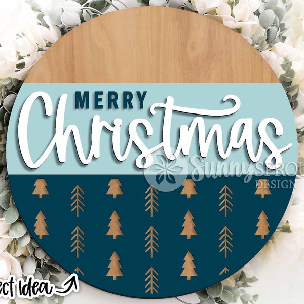 Merry Christmas Modern Tree Sign, DIGITAL download, Round door hanger svg, Glowforge laser file, Cricut, Winter decor svg, Christmas sign