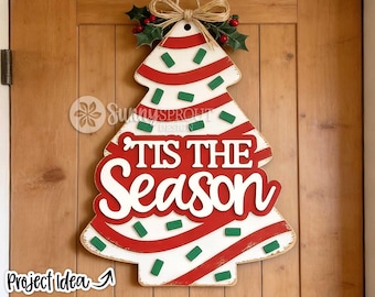 Tis The Season Striped Tree Sign, Digital Download, SVG Laser Cut File, Cricut, Christmas Door Hanger Ornament Design