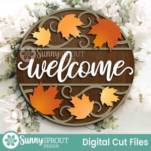 Znak powitalny z wzorem liścia klonu, okrągły wieszak na drzwi svg, plik laserowy Glowforge, Cricut, znak jesienny svg