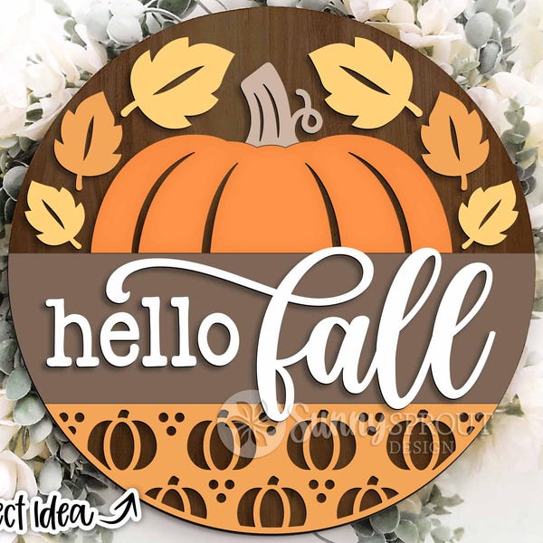 Hello Fall Pumpkin & Leaves Sign, Digital Download, SVG Laser Cut File, Cricut, Round Autumn Door Hanger Design