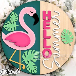 Bonjour Summer Flamingo Sign, Téléchargement numérique, Svg d'accroche-porte rond, Fichier laser Glowforge, Fichier de coupe Cricut, Panneau de bienvenue d'été, Décoration de plage