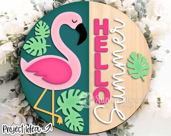 Bonjour Summer Flamingo signe, téléchargement numérique, fichier découpé au laser SVG, Cricut, accroche-porte rond tropical