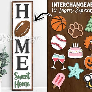 Letrero de porche con gráficos intercambiables "Hogar, dulce hogar", descarga digital, SVG de porche vertical, archivo láser Glowforge, Cricut, SVG de temporada