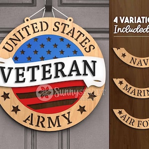 Letrero de veterano militar de Estados Unidos, descarga digital, colgador de puerta redondo SVG, archivo láser Glowforge, letrero de bienvenida del 4 de julio, SVG patriótico