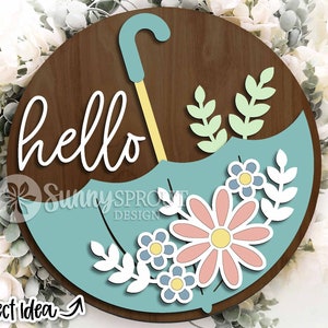 Letrero de flor de paraguas al revés, colgador de puerta redondo SVG, archivo láser Glowforge, Cricut, bienvenida de primavera SVG, letrero de Pascua SVG, SVG floral