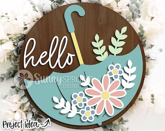 Hello Upside Down Umbrella Flower Sign, Round door hanger svg, Glowforge laser file, Cricut, Spring welcome svg, Easter sign svg, Floral svg