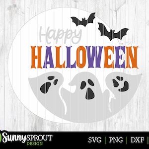 May include: A white circle with the text "Happy Halloween" in orange, purple, and white. There are three bats and three ghosts in the design.