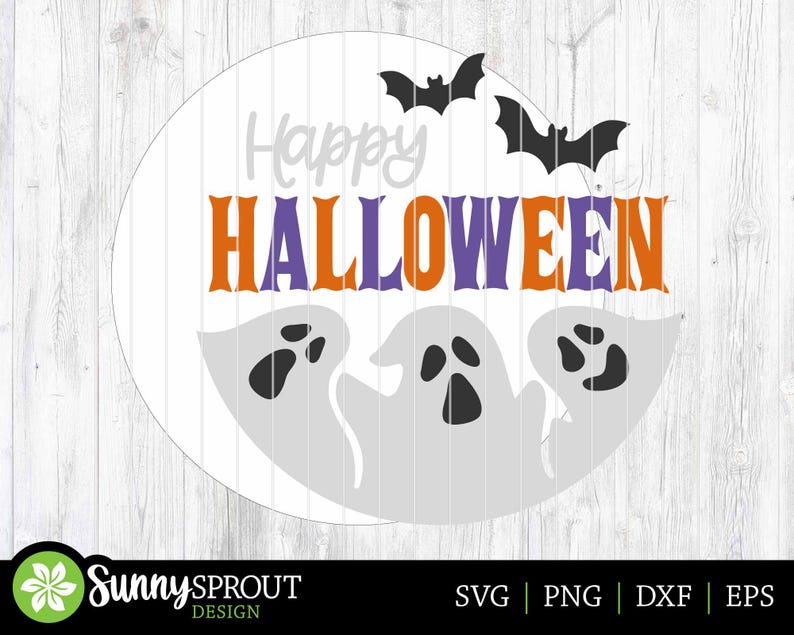 May include: A white circle with the text "Happy Halloween" in orange, purple, and white. There are three bats and three ghosts in the design.