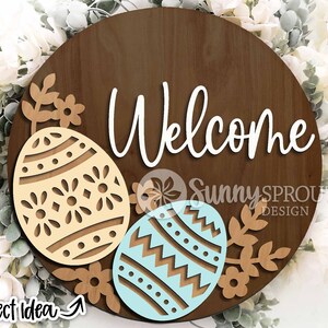Bienvenue signe floral d'oeufs de Pâques, téléchargement numérique, svg rond d'accroche-porte, fichier laser Glowforge, Cricut, signe d'oeuf de Pâques, svg de décoration de printemps