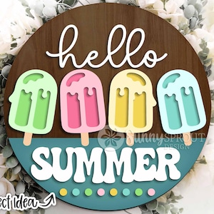 Hello Summer Popsicle Drip Sign, digitaler Download, runder Türschild svg, Glowforge Laser-Datei, Cricut cut Datei, Sommer Willkommensschild svg