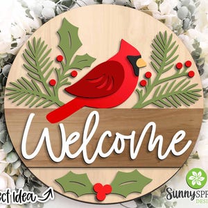 Bienvenue Cardinal Pine & Holly Sign, téléchargement numérique, accroche-porte rond, fichier laser Glowforge, Cricut, décoration de vacances de Noël, enseigne d'hiver